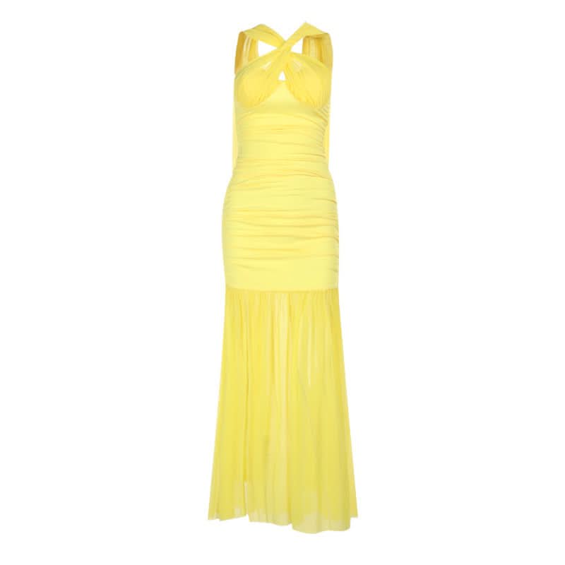 Ruched mesh slit irregular yellow maxi dress