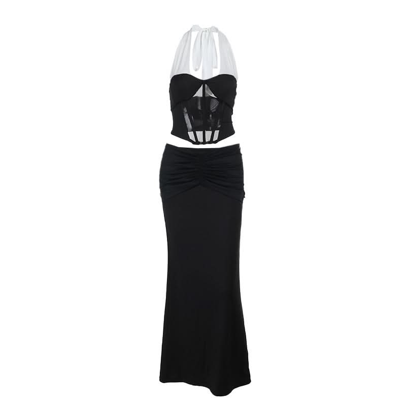 Halter self tie ruched corset maxi skirt set