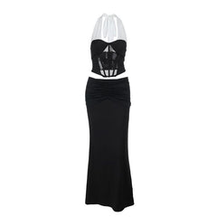 Halter self tie ruched corset maxi skirt set