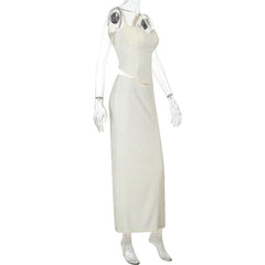 Slit v neck smocked apricot maxi skirt set