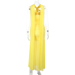 Ruched mesh slit irregular yellow maxi dress