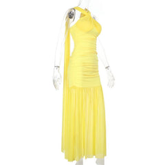 Ruched mesh slit irregular yellow maxi dress
