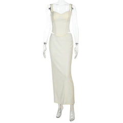 Slit v neck smocked apricot maxi skirt set