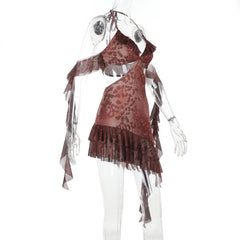 Halter self tie ruffle print hollow out cut out mini dress