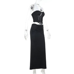 Halter self tie ruched corset maxi skirt set