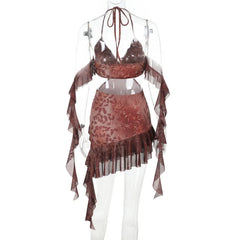 Halter self tie ruffle print hollow out cut out mini dress