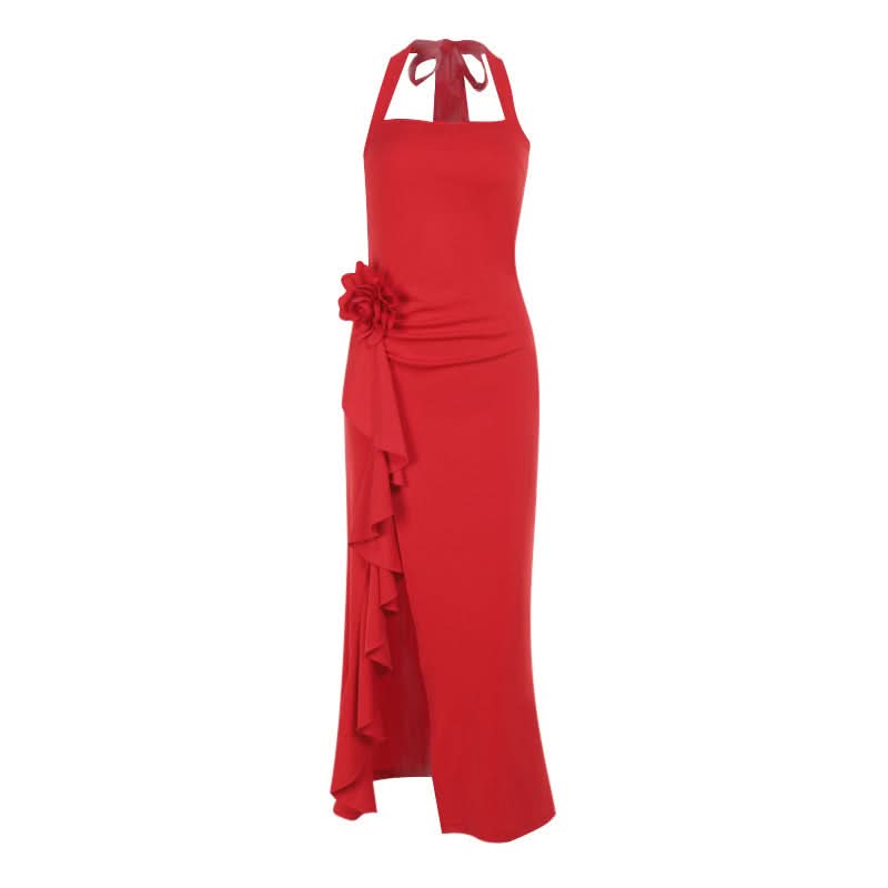 Slit flower applique halter square neck midi dress
