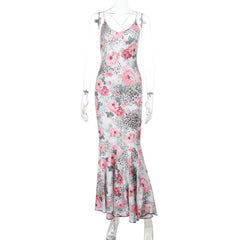 Cross back flower print u neck spaghetti strap maxi dress