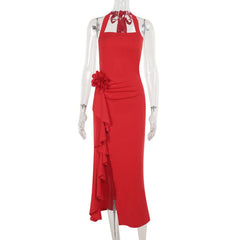 Slit flower applique halter square neck midi dress