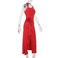 Slit flower applique halter square neck midi dress
