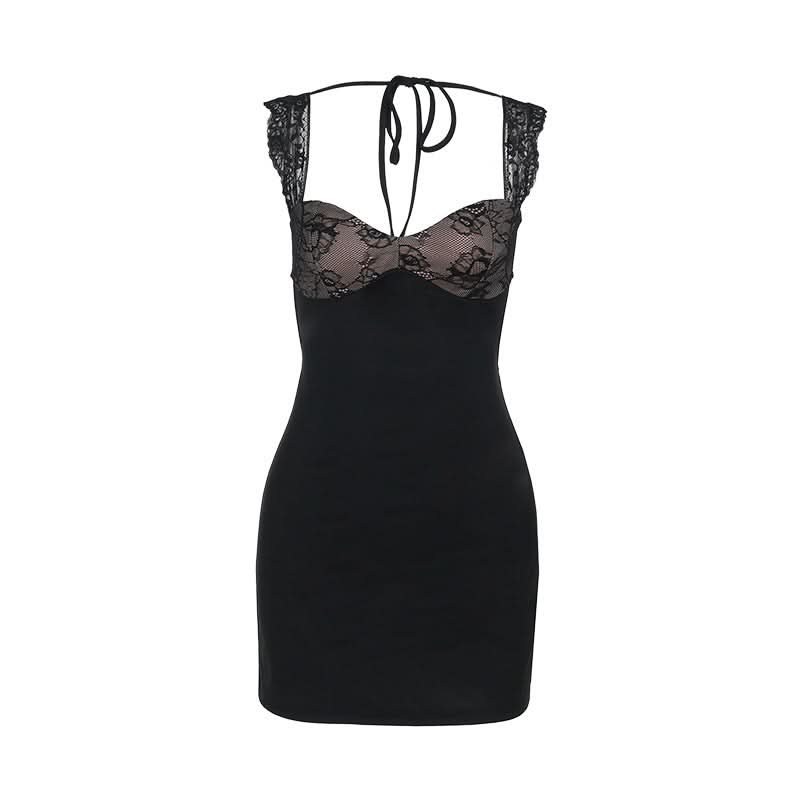 Self tie lace hem v neck black cami mini dress