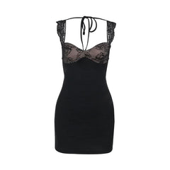 Self tie lace hem v neck black cami mini dress