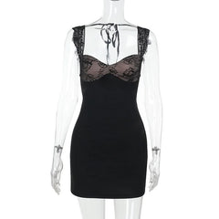 Self tie lace hem v neck black cami mini dress