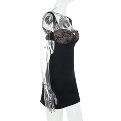 Self tie lace hem v neck black cami mini dress