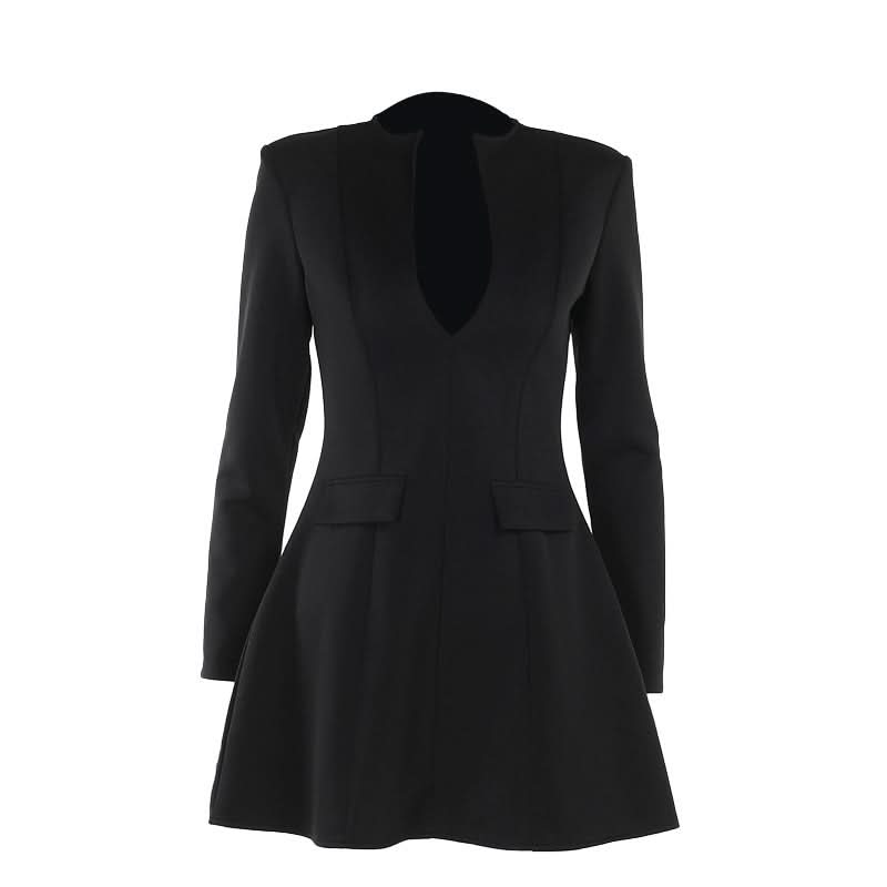 Long sleeve v neck zip-up solid mini dress