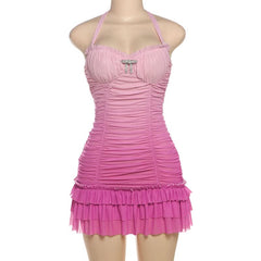 Gradient halter ruched mesh mini dress