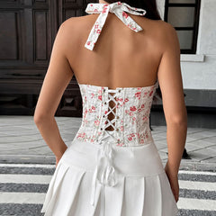 Halter flower pattern lace hem corset lace up top