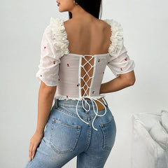 Embroidery ruffle ruched lace up top