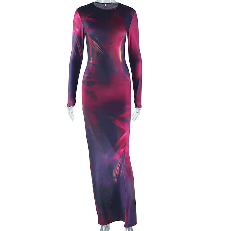 Long sleeve crewneck contrast slit maxi dress