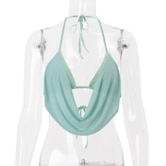 Cowl neck halter self tie hollow out cut out top