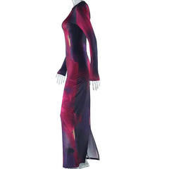Long sleeve crewneck contrast slit maxi dress