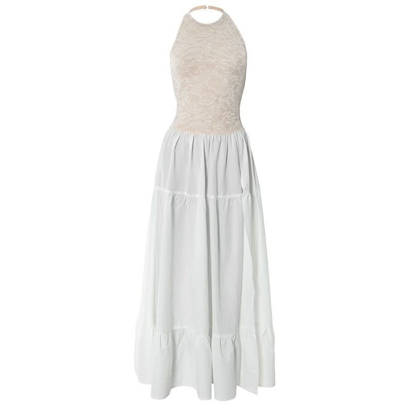 Halter ruched lace hem zip-up slit maxi dress