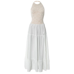 Halter ruched lace hem zip-up slit maxi dress