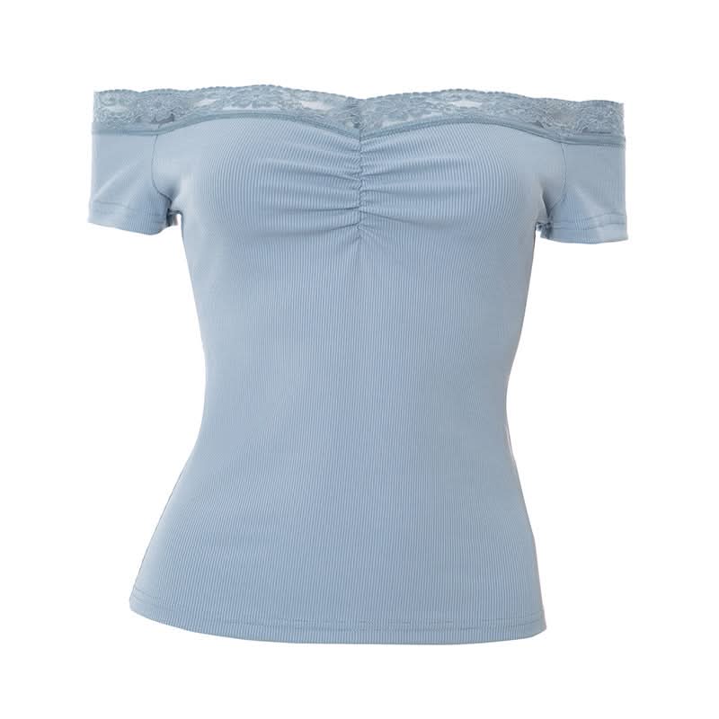 Off shoulder lace hem ruched ribbed top