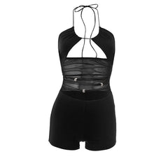 Hollow out halter self tie mesh romper