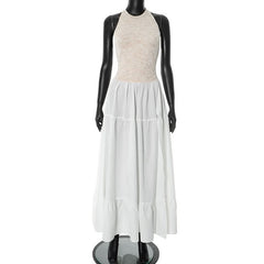 Halter ruched lace hem zip-up slit maxi dress