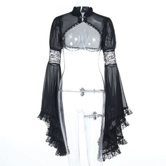 Long flared sleeve chiffon lace hem see through top