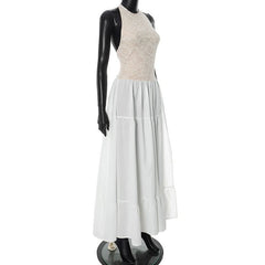 Halter ruched lace hem zip-up slit maxi dress
