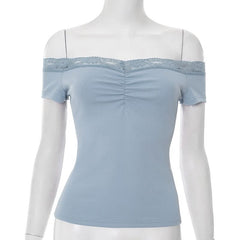 Off shoulder lace hem ruched ribbed top