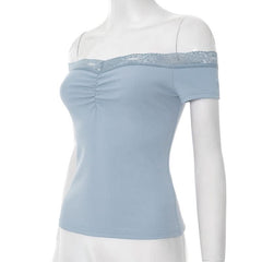 Off shoulder lace hem ruched ribbed top