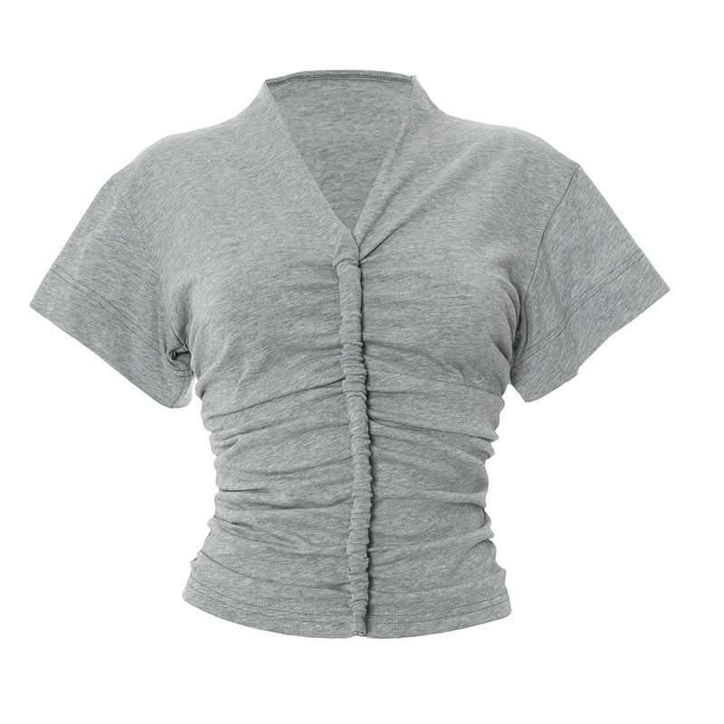 Ruched v neck short sleeve solid top