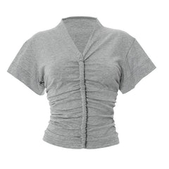 Ruched v neck short sleeve solid top