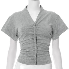 Ruched v neck short sleeve solid top