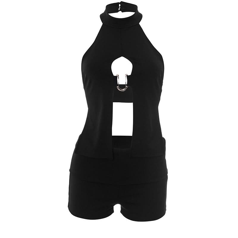 Halter hollow out button solid crop pant set