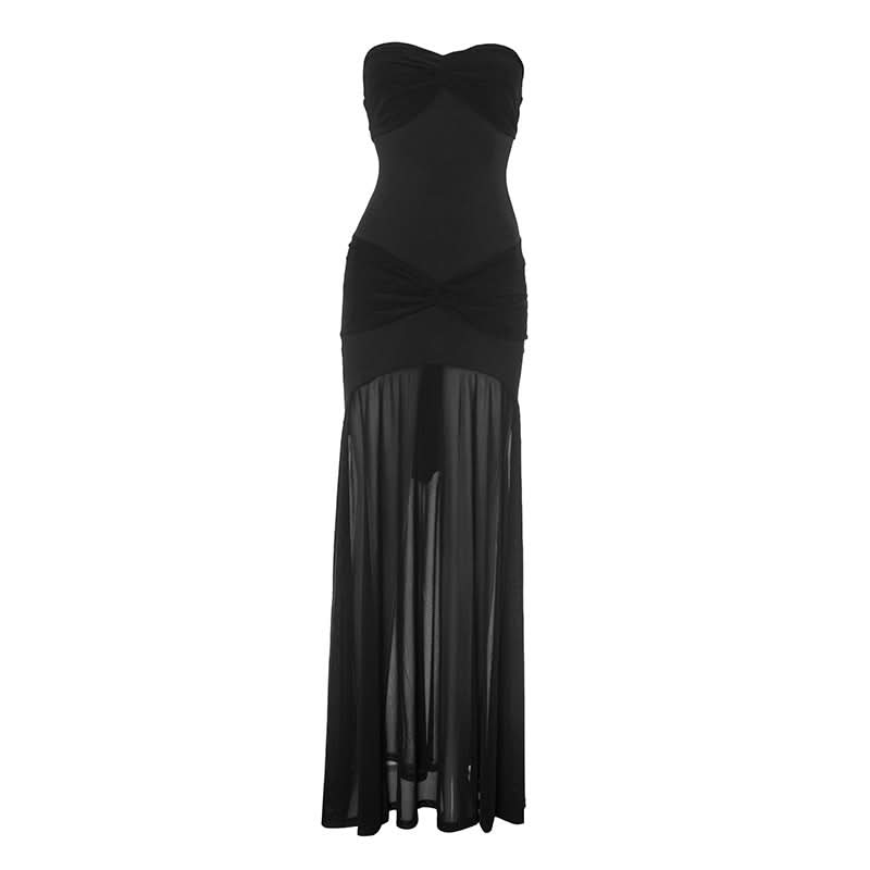 Sweetheart neck ruched mesh tube maxi dress