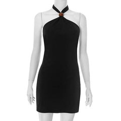 Halter self tie backless black mini dress