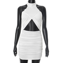 Hollow out ruched halter white cut out mini dress