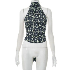Halter self tie flower print backless top