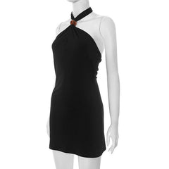 Halter self tie backless black mini dress