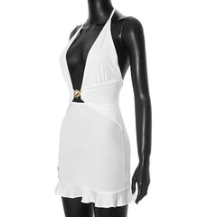 Ruffle halter self tie deep v neck mini dress