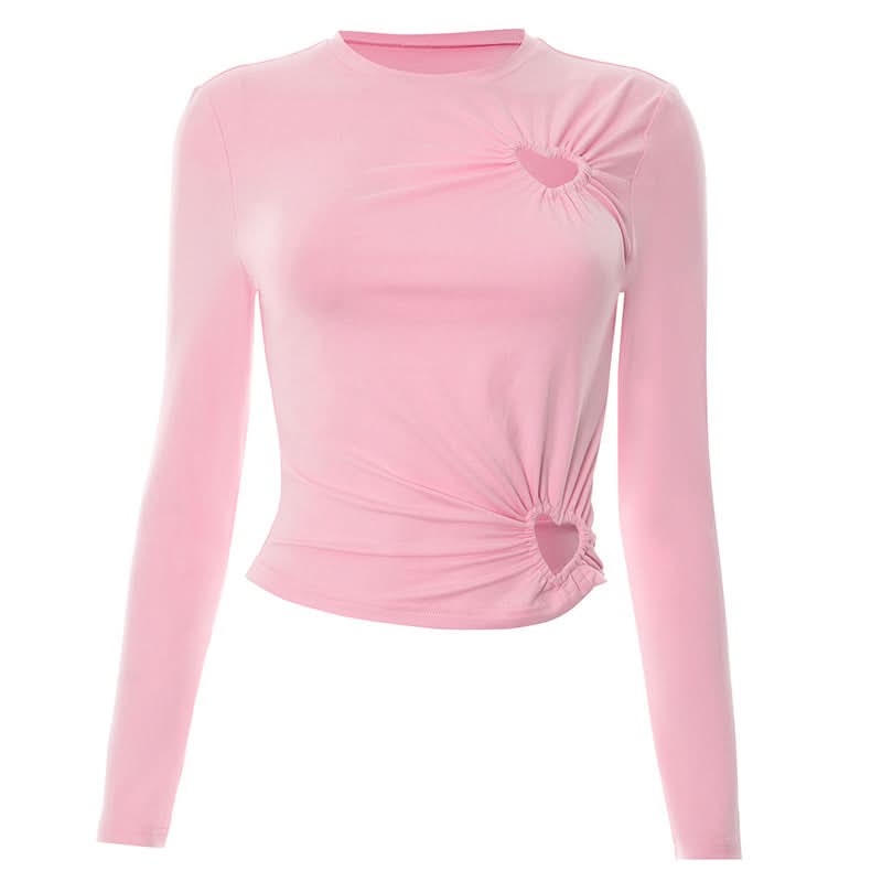 Long sleeve hollow out crewneck ruched cut out top