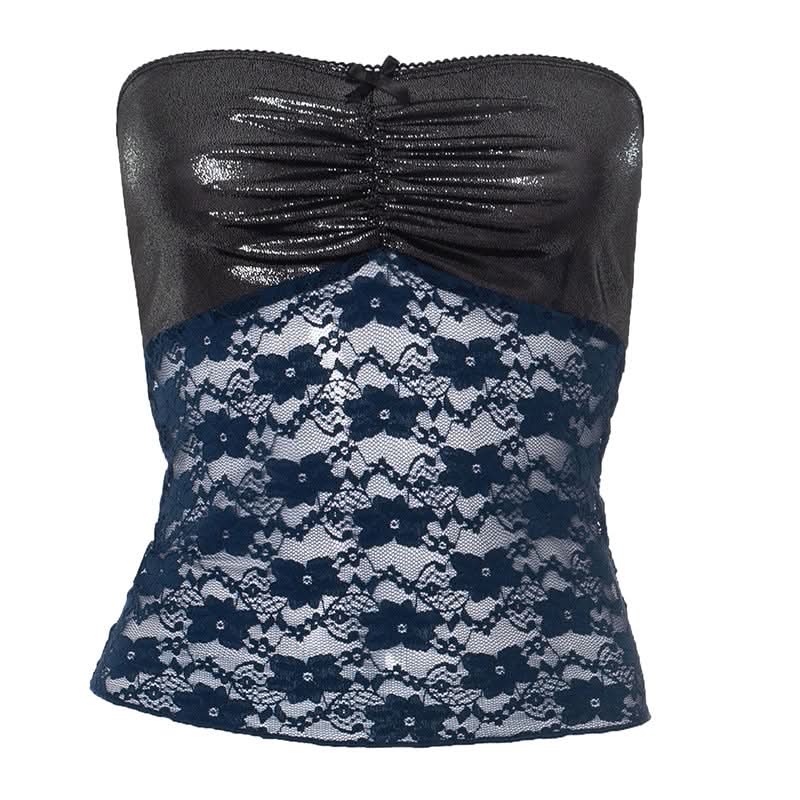 Bowknot ruched backless lace tube top