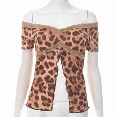 Leopard print lace hem off shoulder slit top