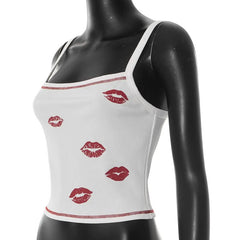 Ribbed lips print square neck stitch cami top