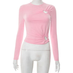 Long sleeve hollow out crewneck ruched cut out top
