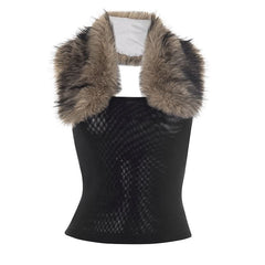 Halter fluffy mesh backless patchwork top